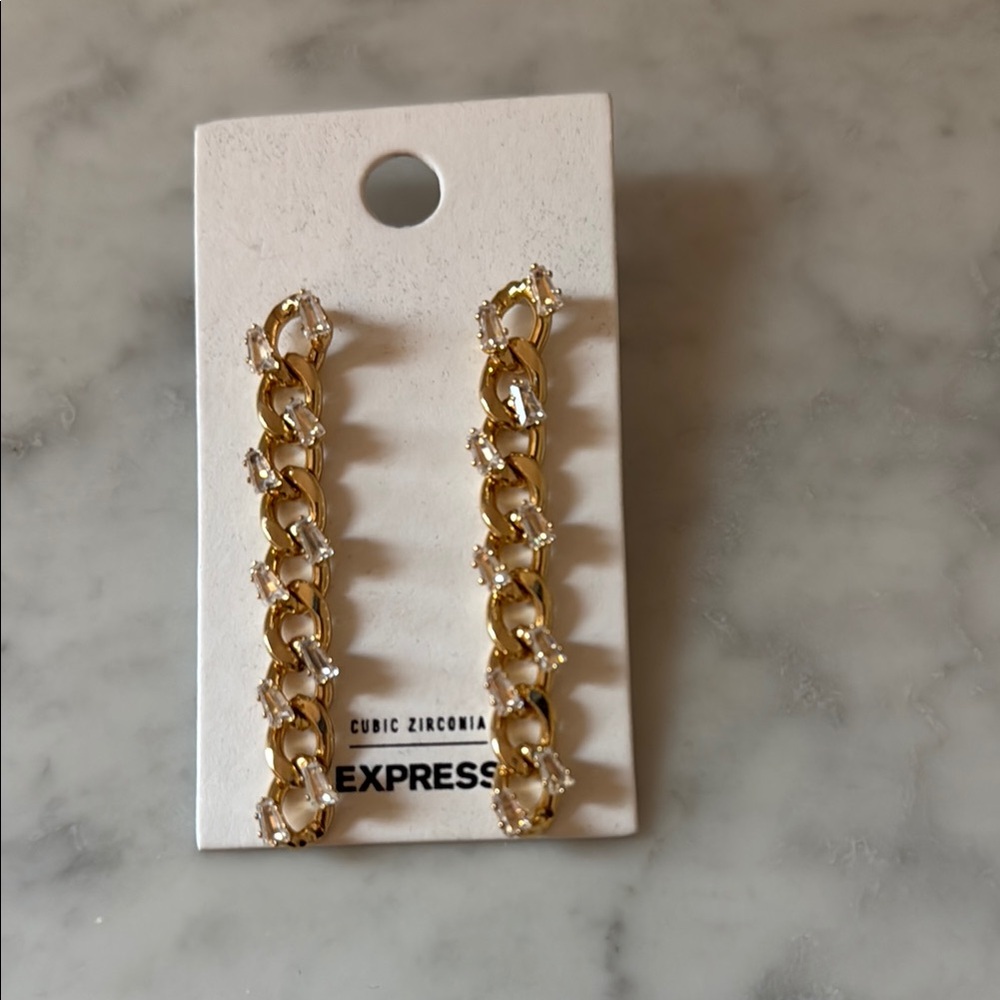 Brand New Express Gold Chain Link Earrings with Cubic Zirconia